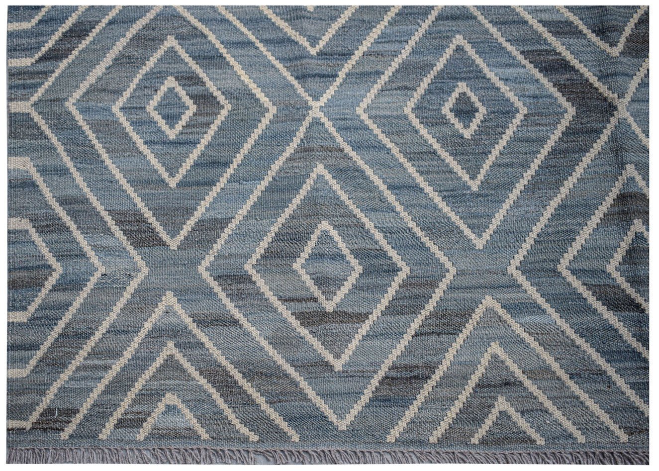 Handwoven Afghan Maimana kilim rug featuring a blue and grey geometric diamond pattern.