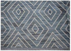 Handwoven Afghan Maimana kilim rug featuring a blue and grey geometric diamond pattern.