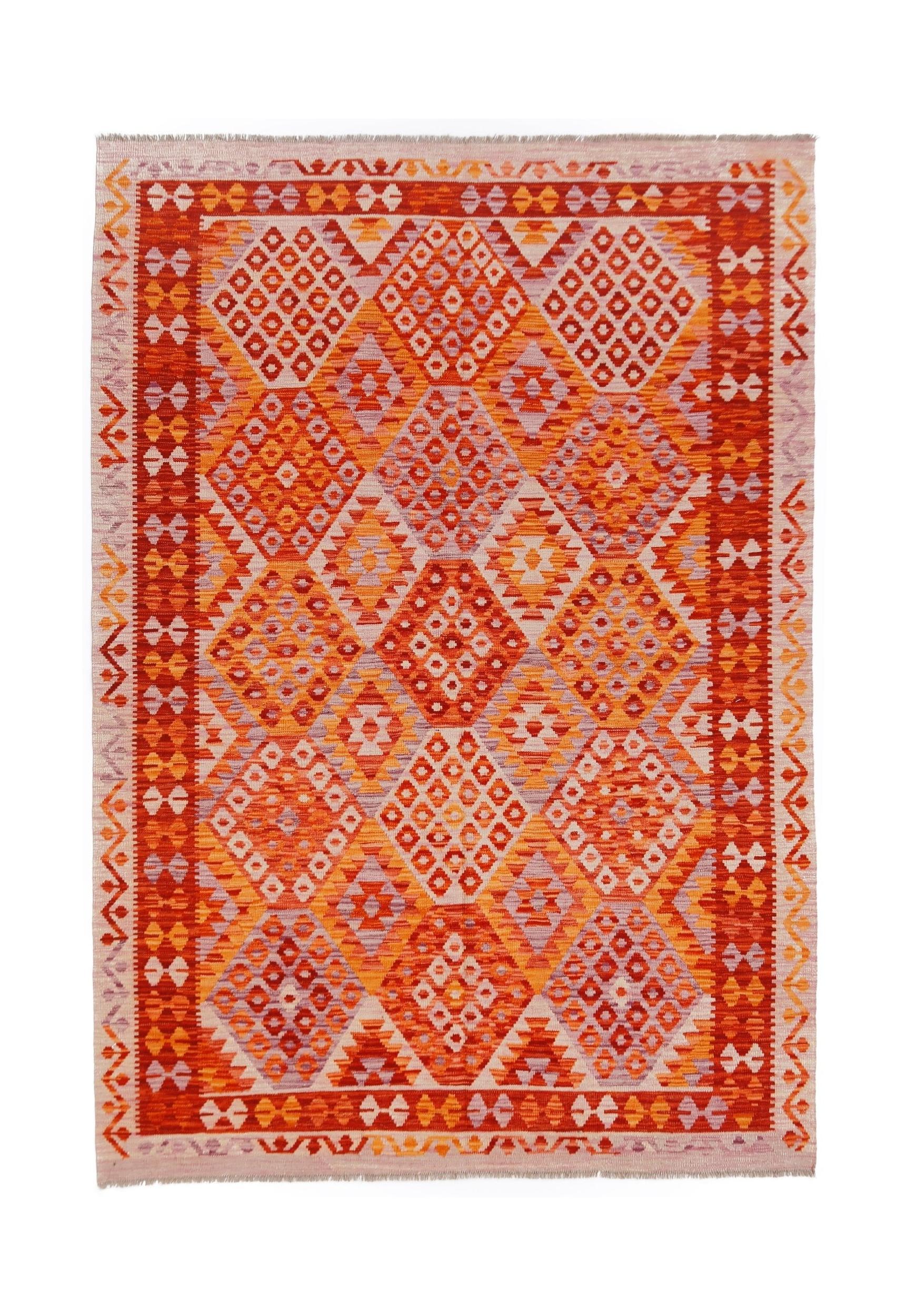 Handwoven Afghan Maimana kilim rug featuring a geometric diamond pattern in warm orange tones.