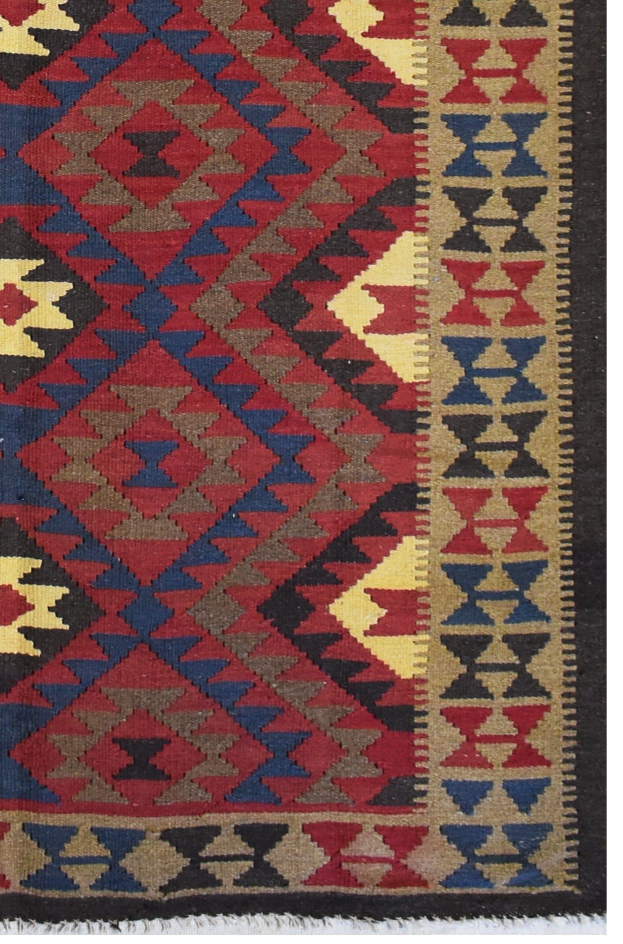 Handmade Afghan Maimana kilim rug featuring a geometric pattern in red, blue, yellow, and brown.