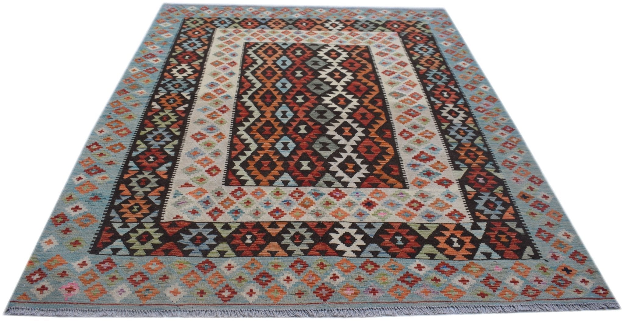 Handwoven Afghan Maimana kilim rug featuring a geometric pattern in vibrant, multi-colored wool.