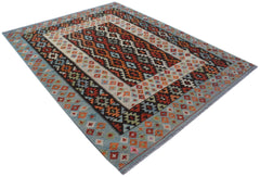 Handmade Afghan Maimana kilim rug featuring a geometric pattern in rich, multi-colored wool.