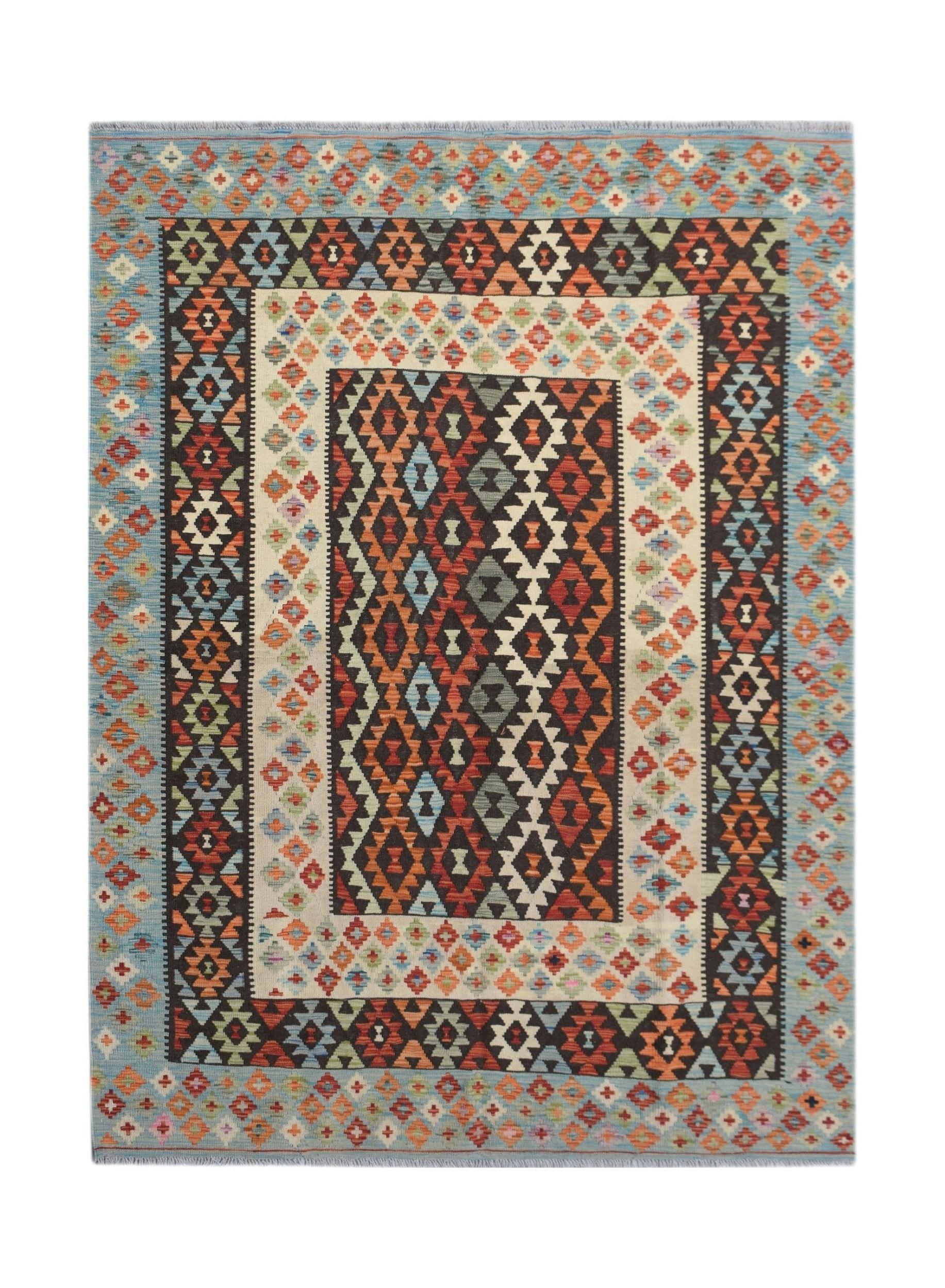 Handwoven Afghan Maimana kilim rug featuring a geometric diamond pattern in vibrant colors.