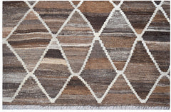 Handwoven Afghan Maimana kilim rug featuring a brown and grey geometric diamond pattern.