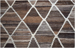 Handwoven Afghan Maimana kilim featuring a brown and cream geometric diamond pattern.