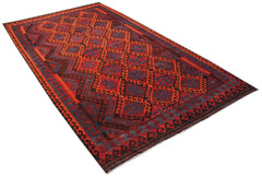 Handwoven Afghan Maimana kilim rug featuring a geometric diamond pattern in red and blue tones.