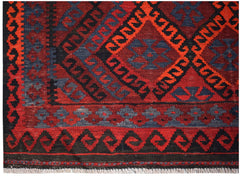 Handwoven Afghan Maimana kilim featuring a geometric diamond pattern in red, black, and blue.