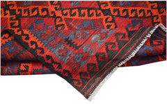 A handmade Afghan Maimana kilim featuring a geometric pattern in red, black, and blue wool.