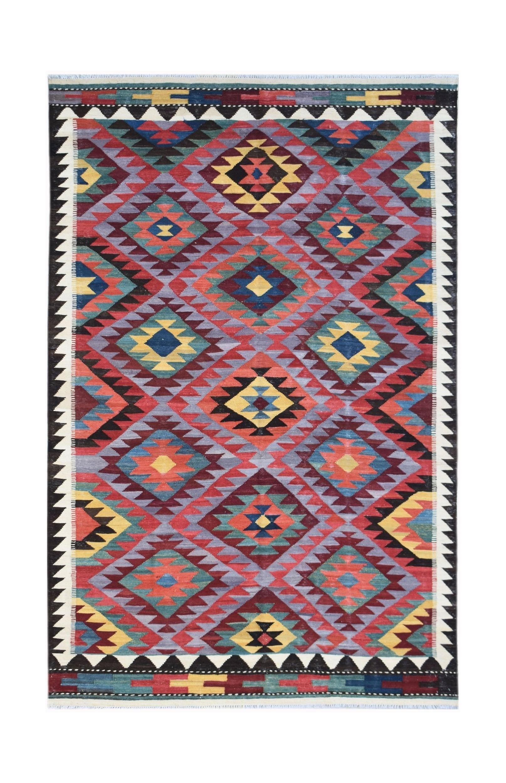 Handwoven Afghan Maimana kilim rug featuring a colorful geometric diamond pattern.