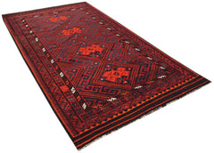 Handwoven Afghan Maimana Kilim rug featuring a geometric diamond pattern in red and dark blue.