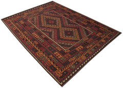 Handmade Afghan Maimana kilim rug featuring a geometric pattern in rich red and brown tones.