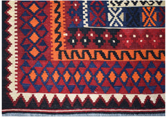 Handwoven Afghan Maimana kilim featuring a geometric pattern in red, blue, orange, and cream.