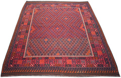 Handmade Afghan Maimana kilim rug featuring a geometric pattern in shades of red and blue.