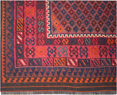 Handmade Afghan Maimana kilim rug featuring a geometric pattern in rich red, blue, and orange tones.