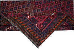 A handmade Afghan Maimana kilim rug featuring geometric patterns in red, blue, and orange tones.