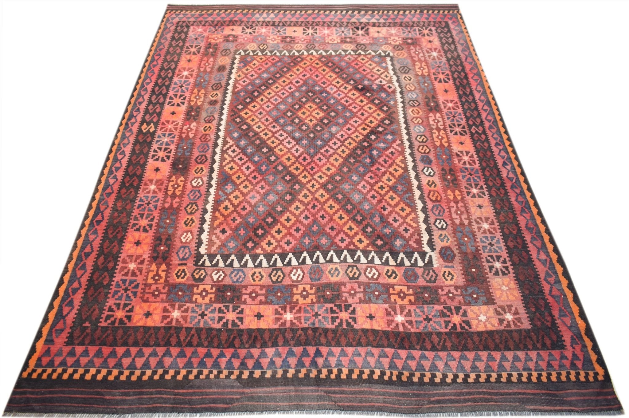 Handwoven Afghan Maimana Kilim rug featuring a geometric diamond pattern in warm red and blue tones.