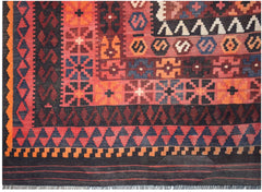 Handwoven Afghan Maimana kilim featuring a geometric pattern in red, orange, and dark blue wool.