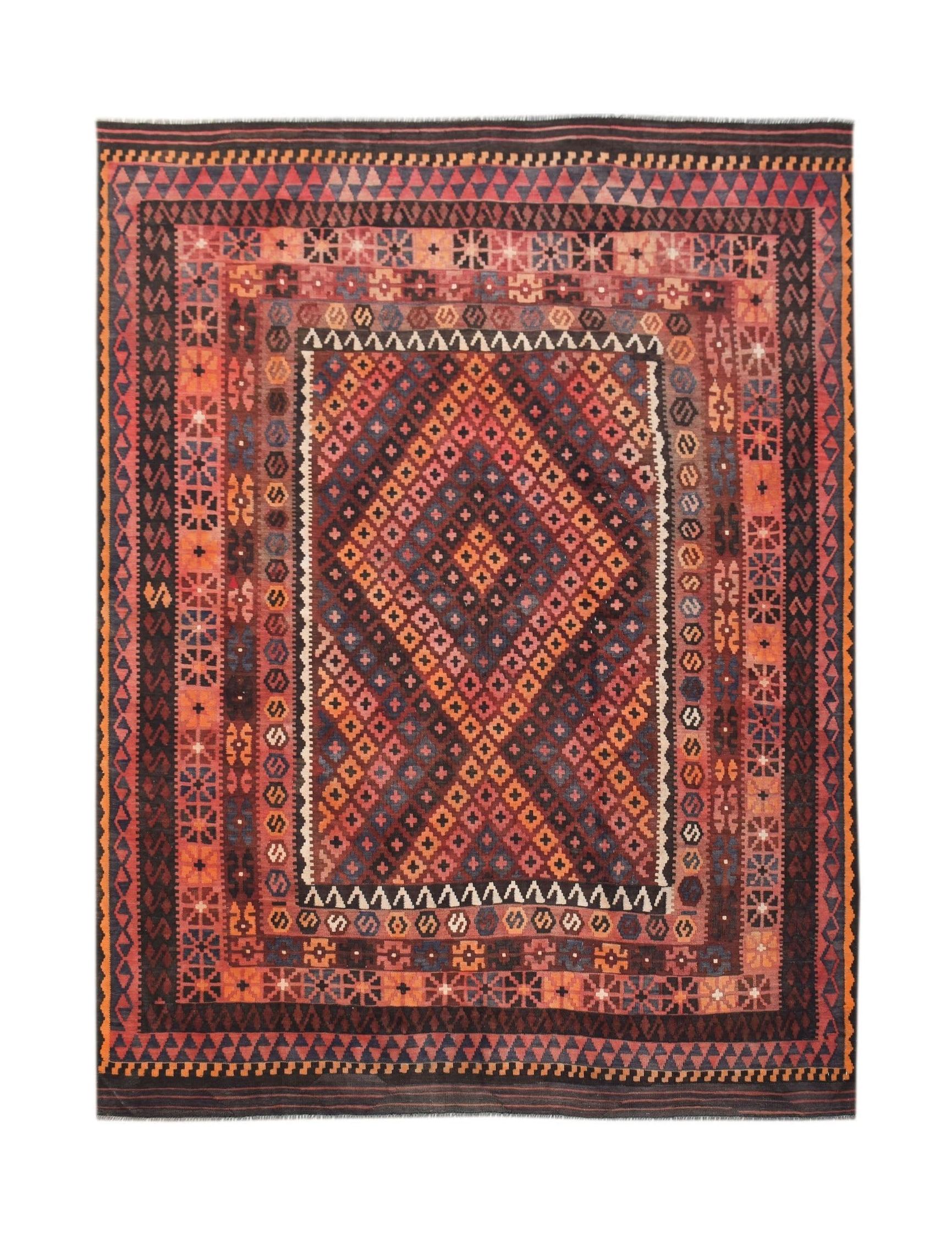 Handmade Afghan Maimana kilim rug featuring a geometric diamond pattern in rich, warm tones.