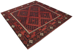 A handmade Afghan Maimana kilim rug featuring a geometric diamond pattern in red and black wool.