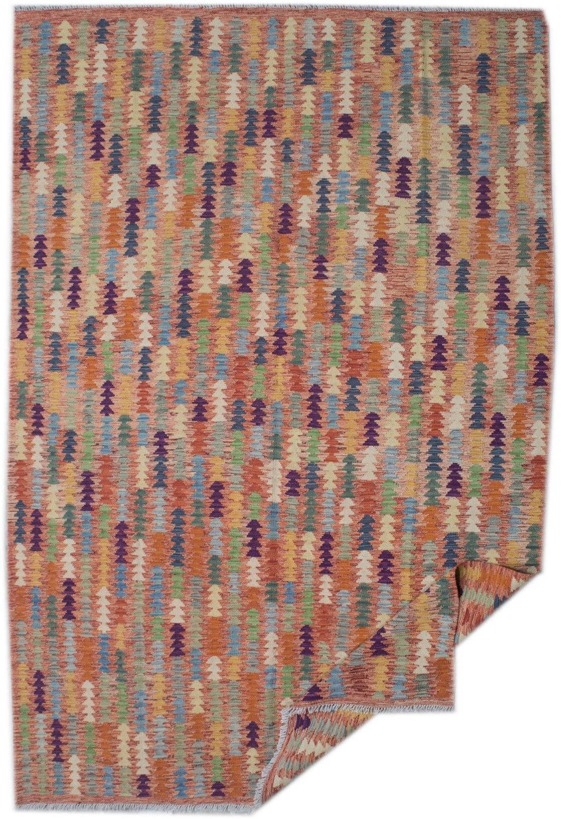 Handmade Afghan Maimana kilim rug featuring a colorful geometric pattern on a terracotta background.