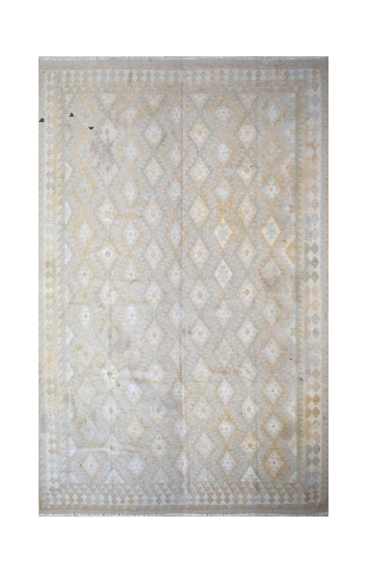 Handmade Afghan Maimana kilim rug featuring a geometric diamond pattern in soft neutral tones.