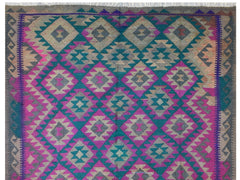 Handmade Afghan Maimana kilim rug featuring a geometric diamond pattern in teal, pink, and grey.