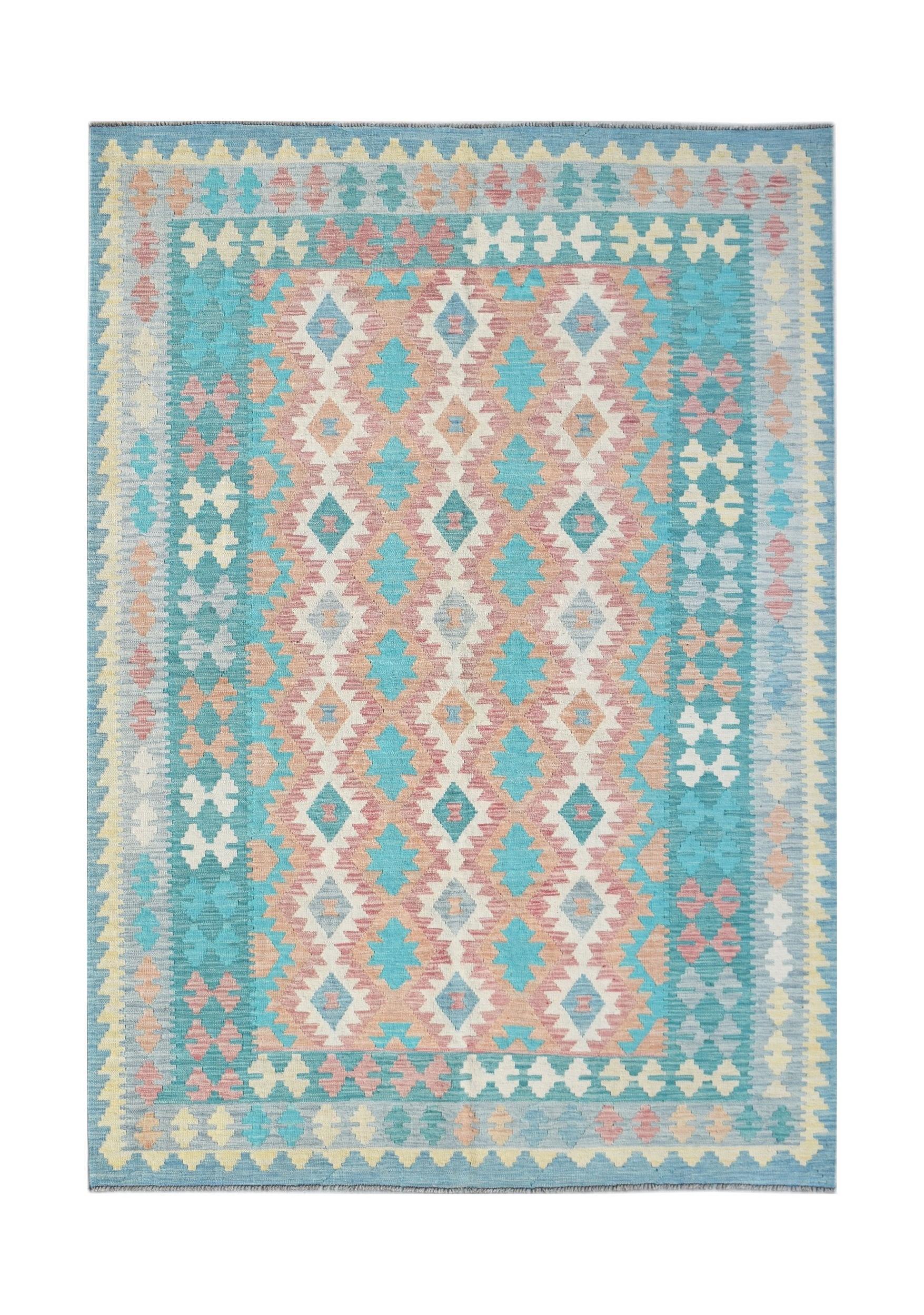 Handwoven Afghan Maimana kilim rug featuring a geometric diamond pattern in blue, pink, and cream.
