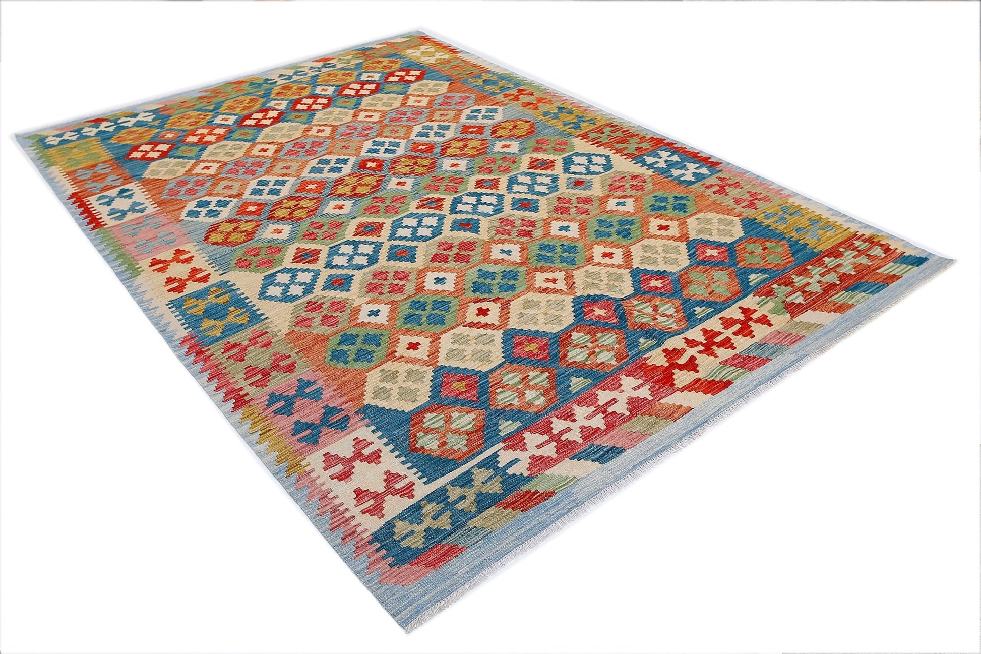 Handwoven Afghan Maimana kilim rug featuring a colorful geometric diamond pattern.