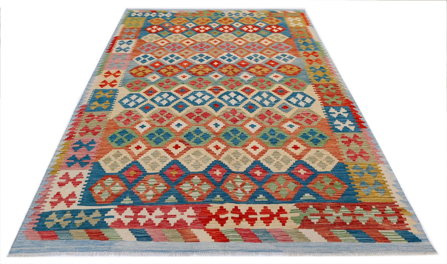 Handwoven Afghan Maimana kilim rug featuring a colorful geometric diamond pattern.