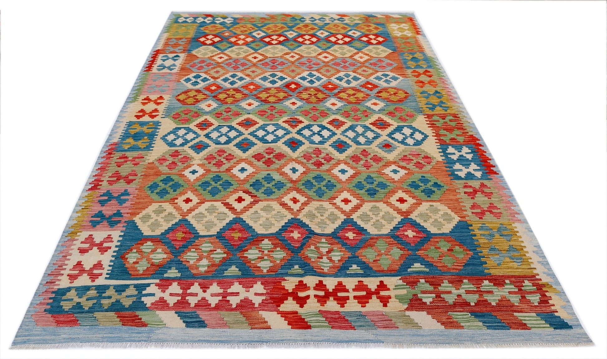 Handwoven Afghan Maimana kilim rug featuring a colorful geometric diamond pattern.