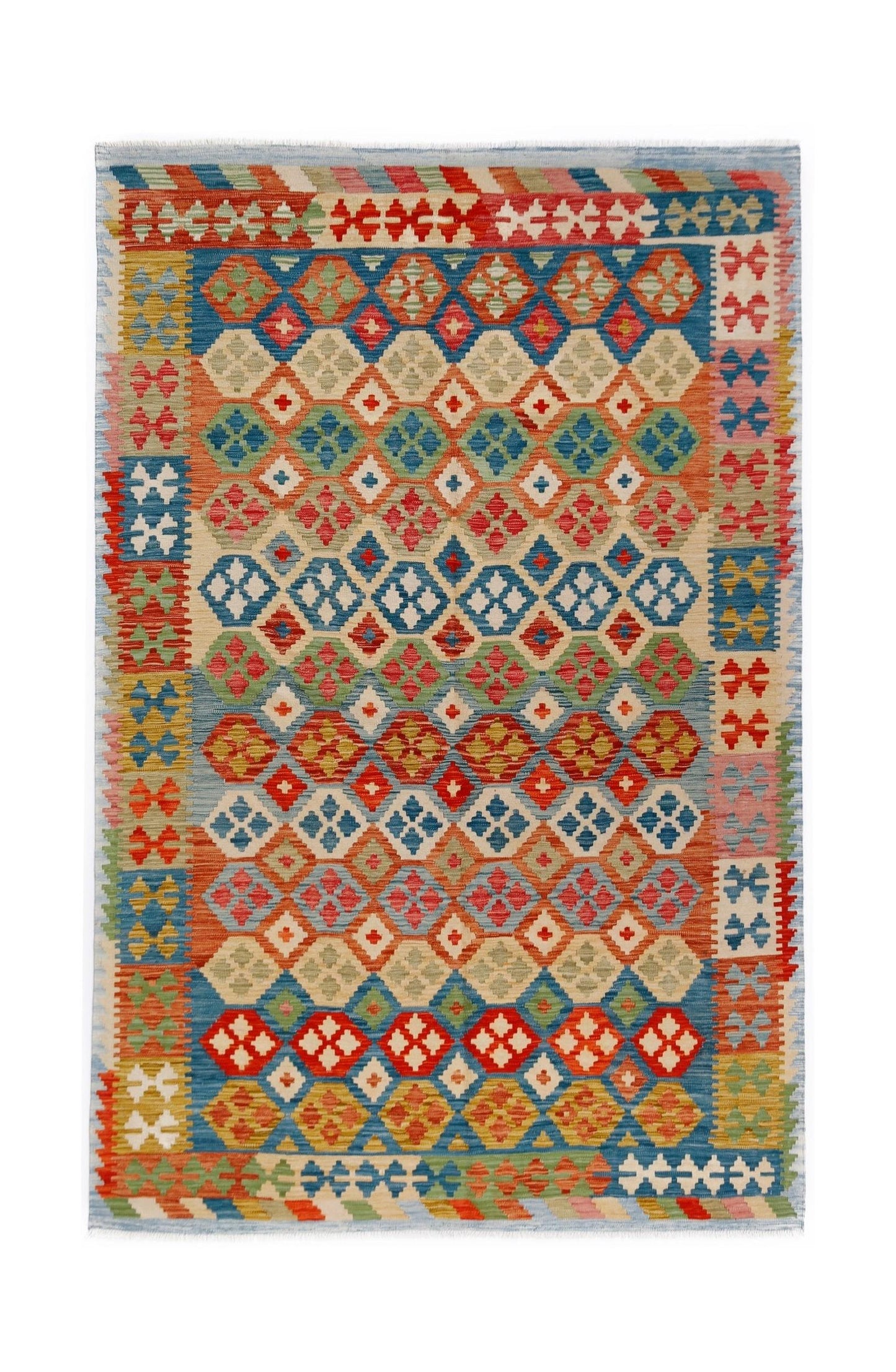 Handwoven Afghan Maimana kilim rug featuring a colorful geometric diamond pattern.