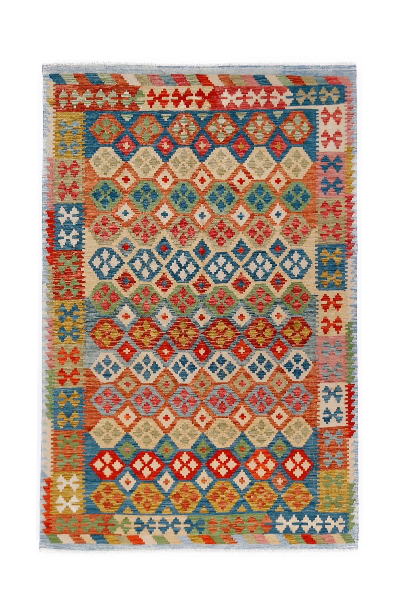 Handwoven Afghan Maimana kilim rug featuring a colorful geometric diamond pattern.
