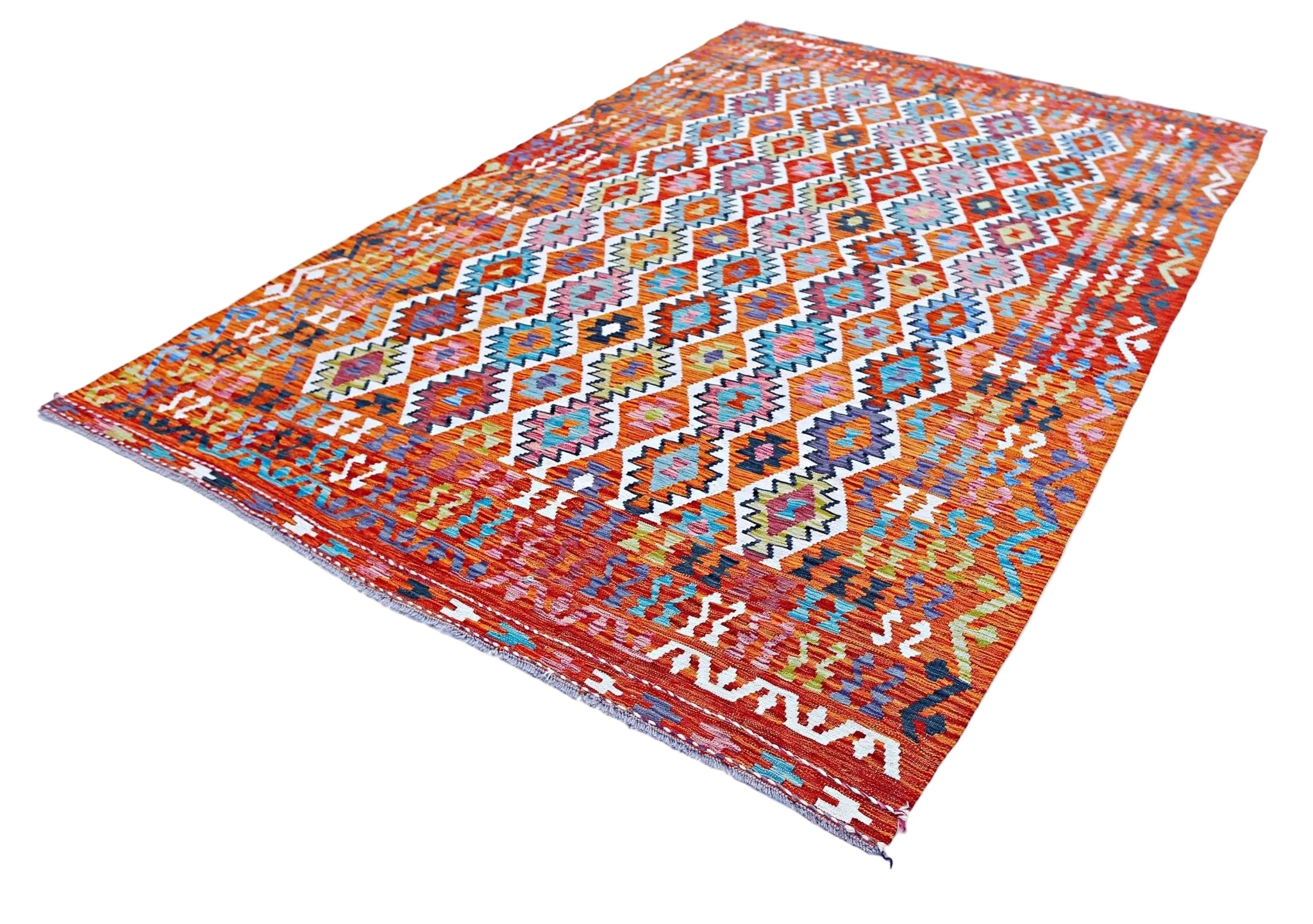 A rectangular Afghan Maimana kilim rug featuring a vibrant geometric pattern in wool.