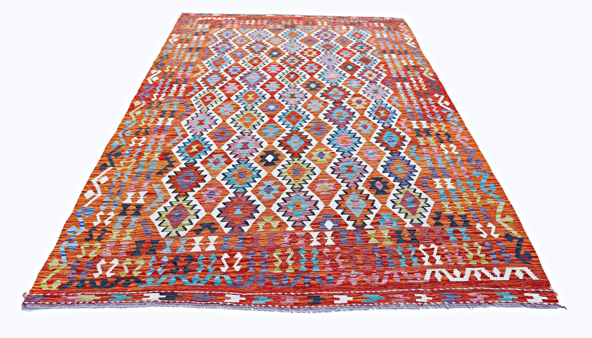 Handwoven Afghan Maimana kilim rug featuring a vibrant geometric diamond pattern in wool.
