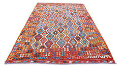 Handwoven Afghan Maimana kilim rug featuring a vibrant geometric diamond pattern in wool.