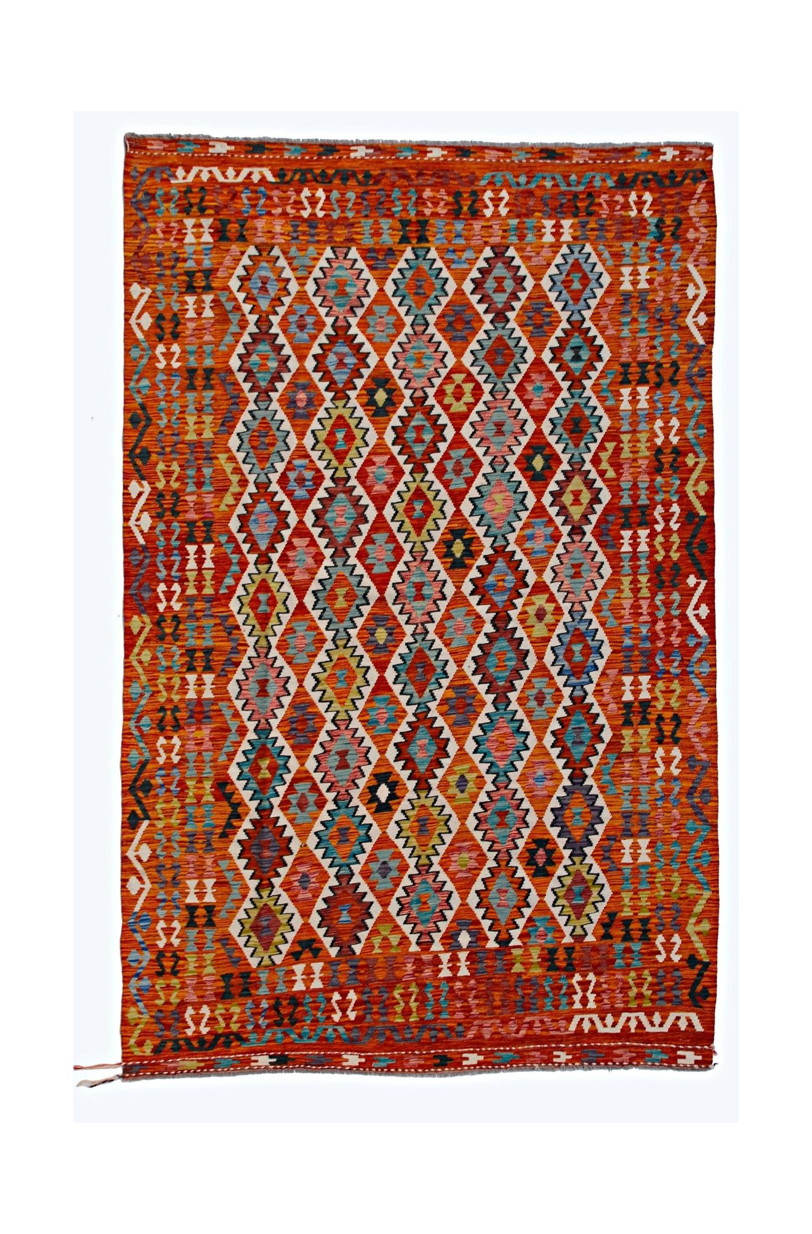 Handwoven Afghan Maimana kilim featuring a vibrant geometric diamond pattern in wool.