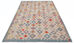 Handwoven Afghan Maimana Kilim rug featuring a multicolored geometric diamond pattern.