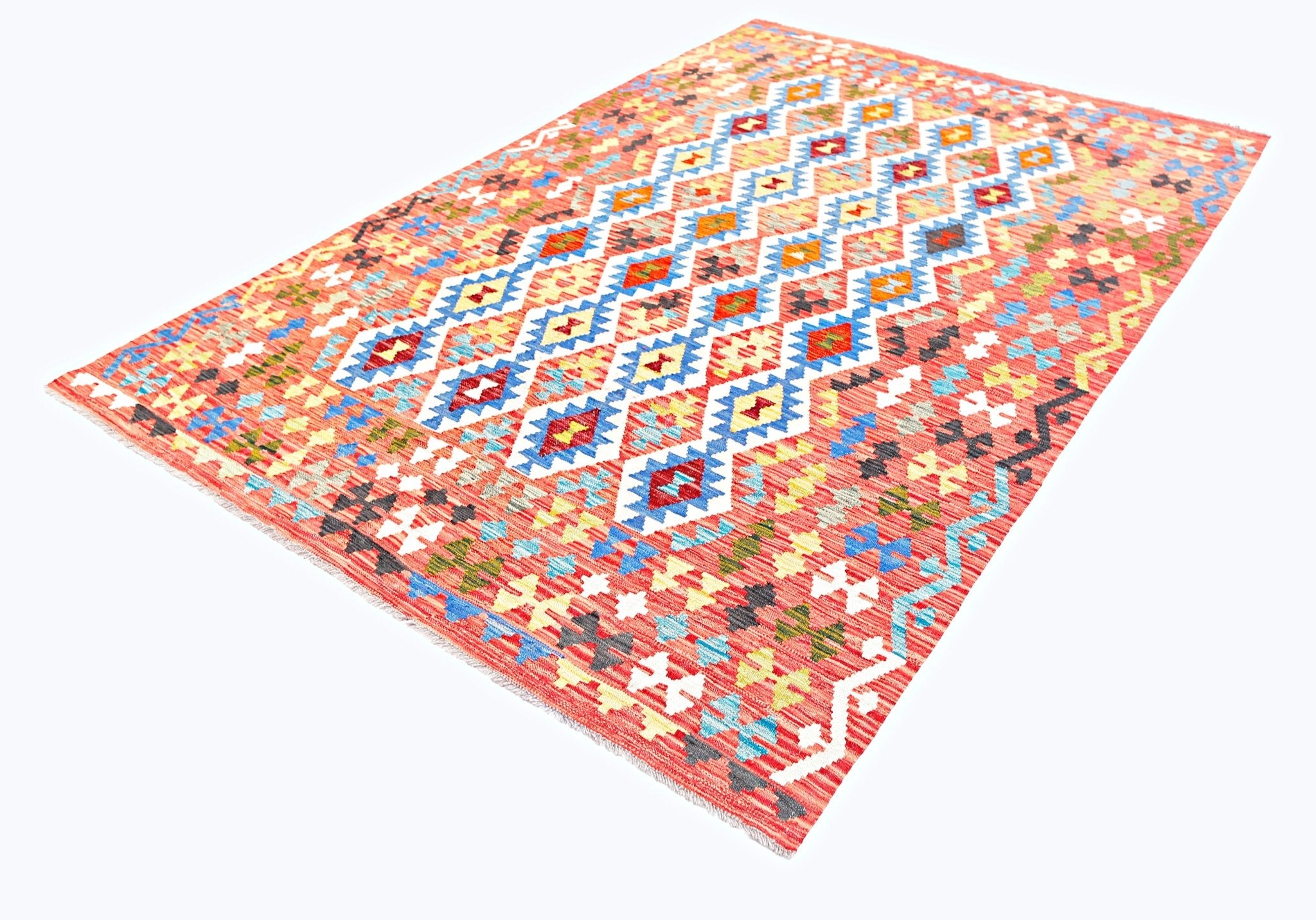 Handwoven Afghan Maimana kilim rug featuring a vibrant geometric diamond pattern in wool.