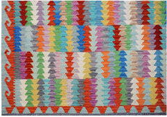 Handmade Afghan Maimana kilim featuring a vibrant, multi-colored geometric pattern.