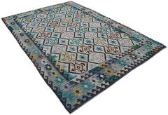 Handwoven Afghan Maimana kilim rug featuring a geometric diamond pattern in multicolored wool.