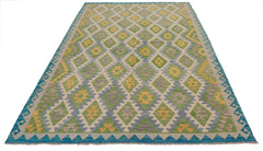 Handwoven Afghan Maimana kilim rug featuring a colorful geometric diamond pattern.