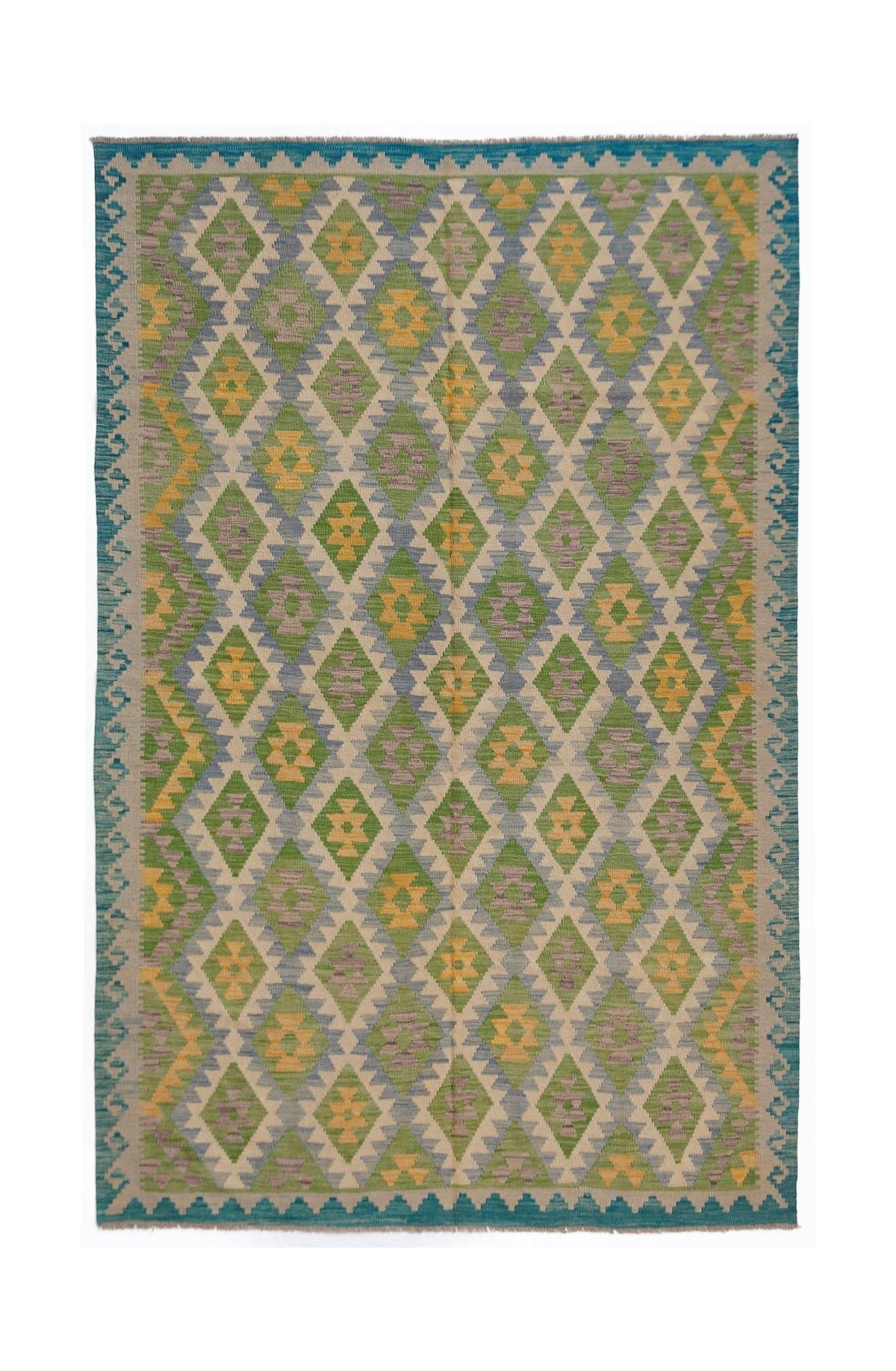 Handwoven Afghan Maimana kilim rug featuring a repeating diamond pattern in green, yellow, and blue.