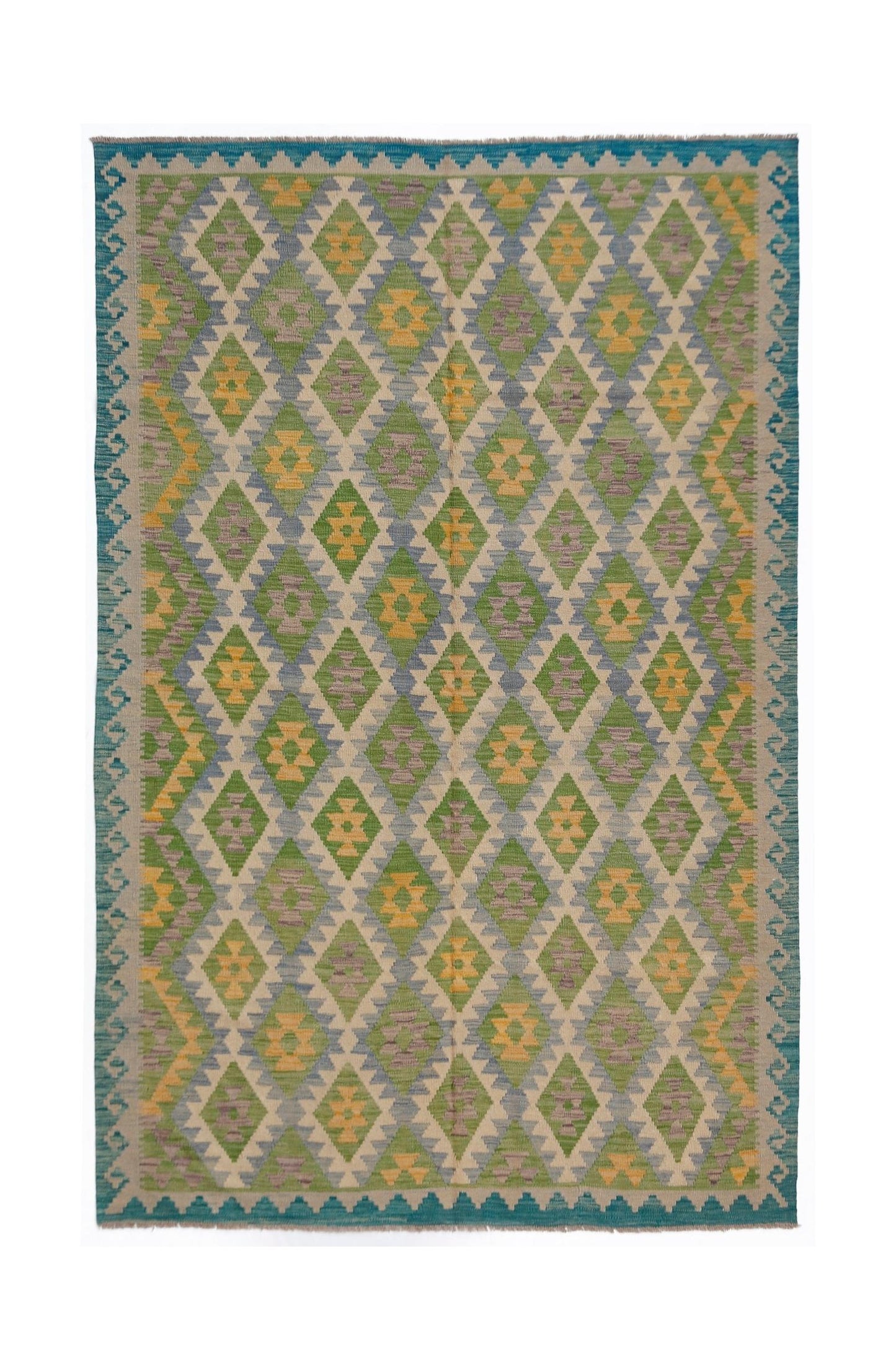 Handwoven Afghan Maimana kilim rug featuring a repeating diamond pattern in green, yellow, and blue.