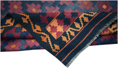 A handmade Afghan Maimana kilim featuring a geometric pattern in blue, red, and orange wool.