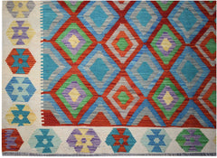 Handwoven Afghan Maimana Kilim featuring a vibrant geometric diamond pattern in wool.