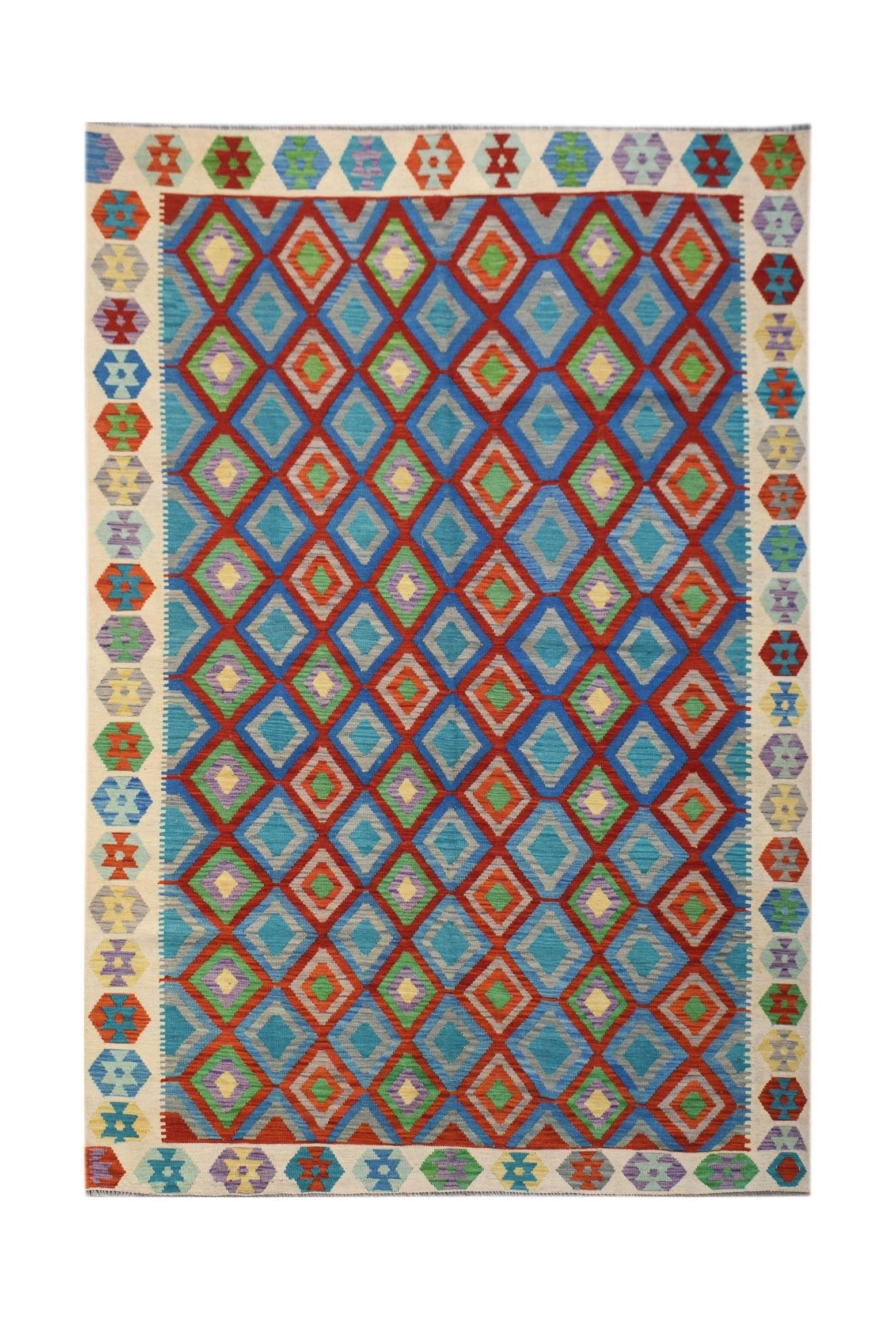 Handwoven Afghan Maimana kilim rug featuring a vibrant geometric diamond pattern in wool.