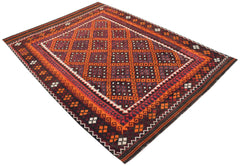 Handwoven Afghan Maimana kilim rug featuring a geometric diamond pattern in orange and dark tones.