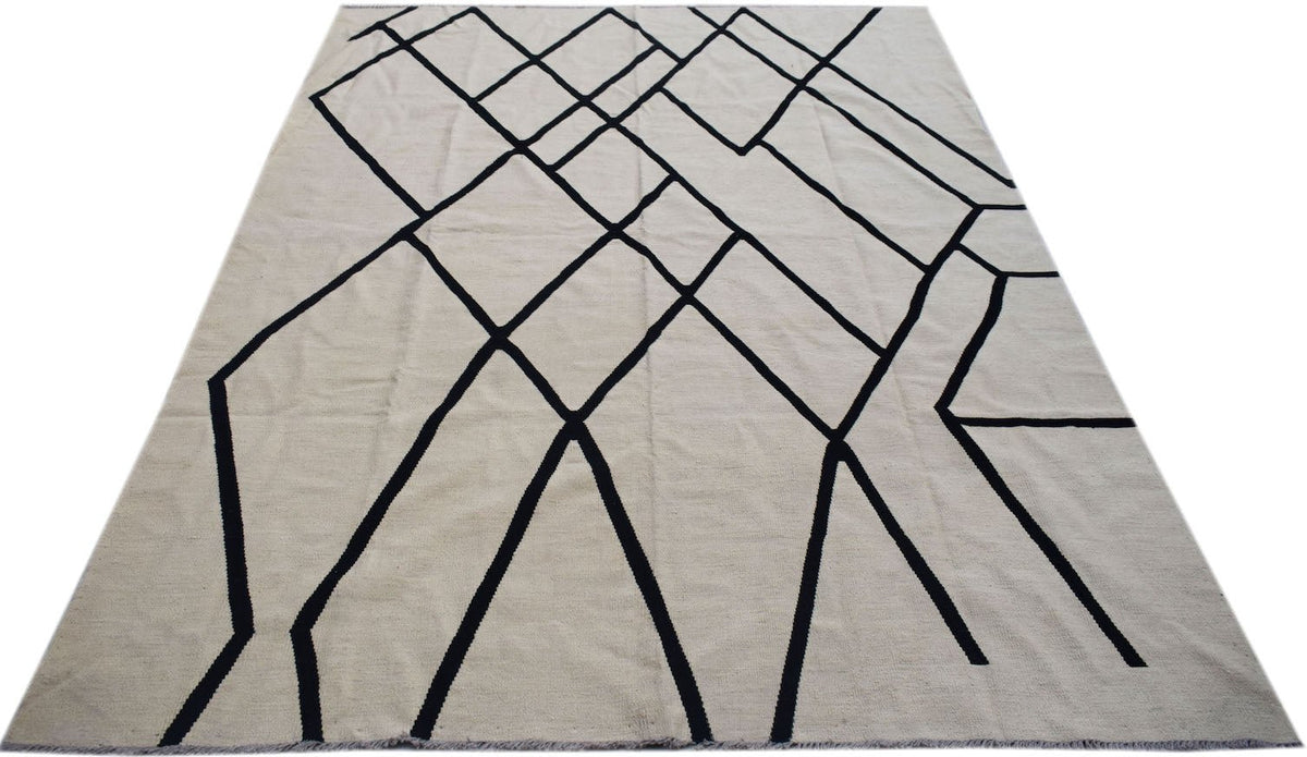 Afghan Maimana Kilim with a geometric black and cream pattern.