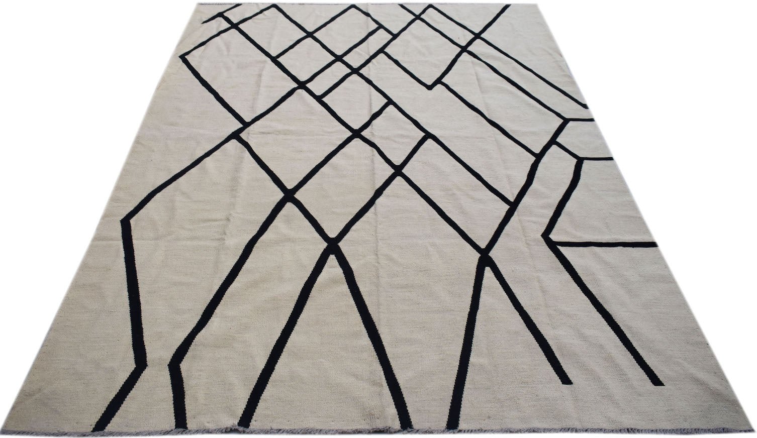Afghan Maimana Kilim with a geometric black and cream pattern.