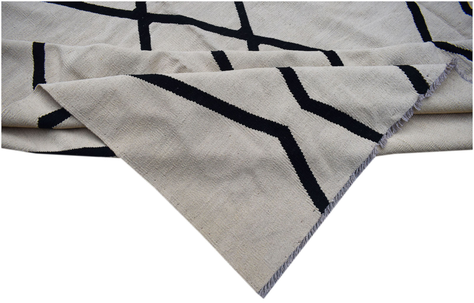 Afghan Maimana Kilim with black geometric pattern on a cream background.